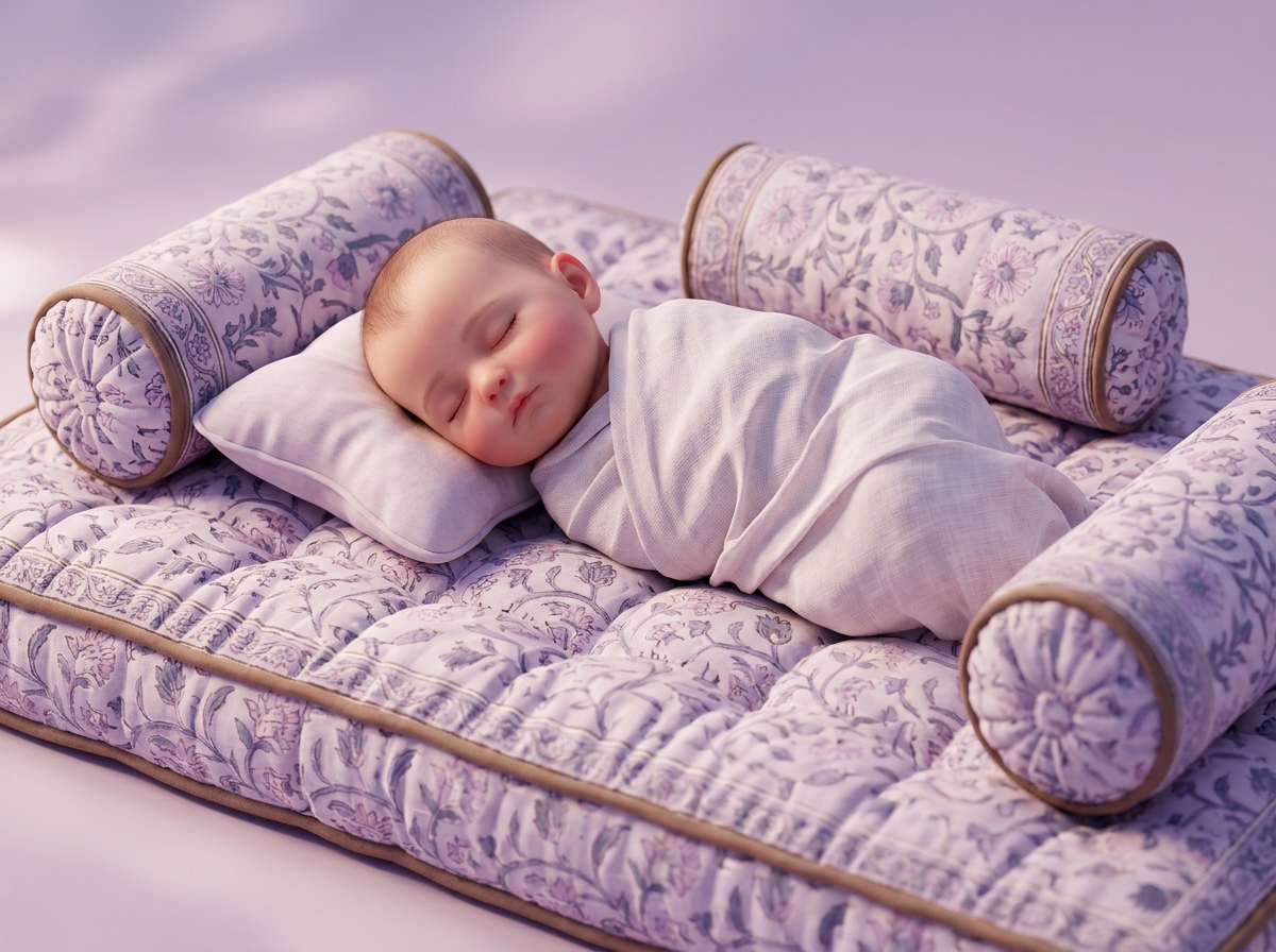 Realistic 3D human baby sleeping peacefully on a miniature, thick, hand-stitched traditional Indian baby gadi mattress